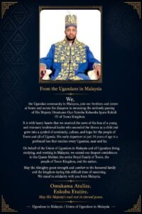 Condolence notice from the Union of Ugandans in Malaysia for His Majesty Omukama Oyo Nyimba Kabamba Iguru Rukidi IV of Tooro Kingdom