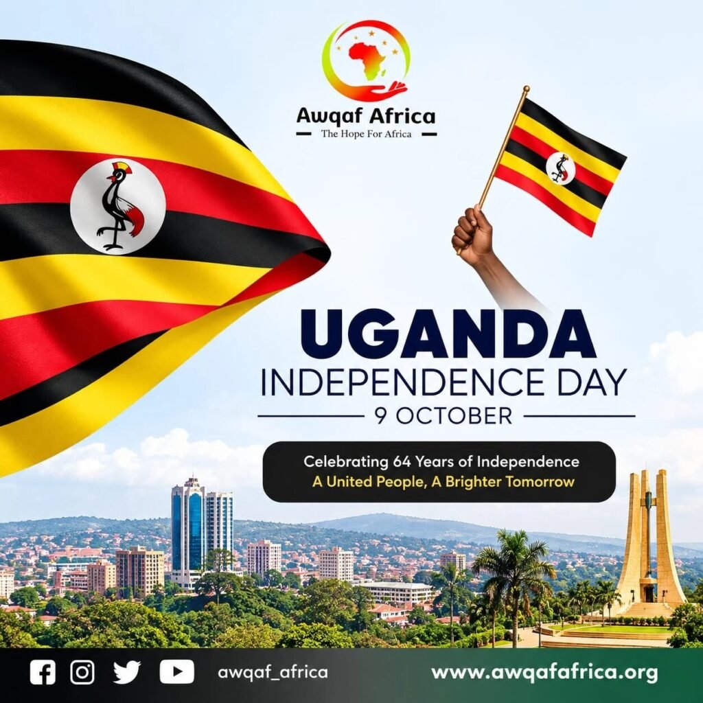Uganda Independence Day graphic marking 64 years of independence on 9 October, issued by Awqaf Africa, showing the Uganda flag, Kampala skyline and the Independence Monument