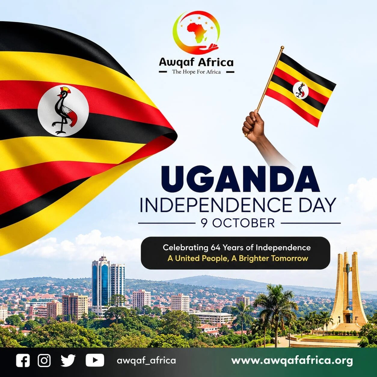 Uganda Independence Day graphic marking 64 years of independence on 9 October, showing the Uganda flag, Kampala skyline and the Independence Monument